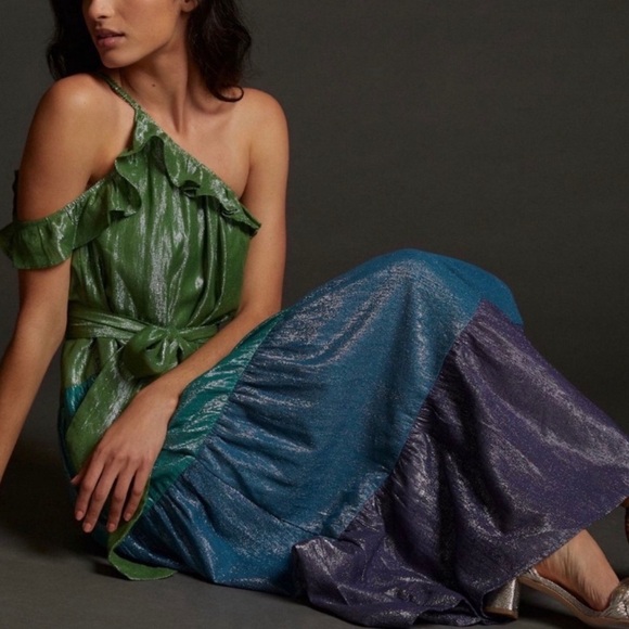 Anthropologie Maeve Ruffled One- Shoulder Shimmer Maxi Dress M. - Picture 2 of 9